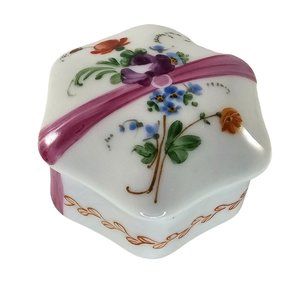 Vintage Limoges France Trinket Pill Box Flowers Floral Pink Ribbon
